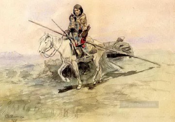 Indien à cheval avec un enfant 1901 Charles Marion Russell Indiens d’Amérique Peinture à l'huile
